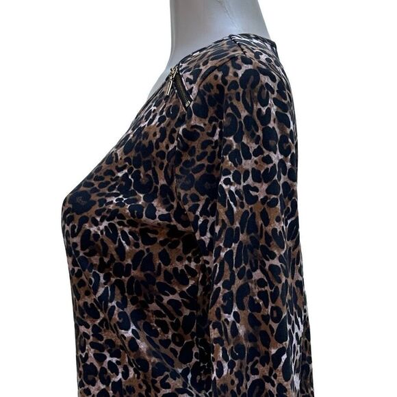 Rafaella Top Womens PS Brown Animal Print 3/4 Sleeve Cotton Zippered Shoulder - Picture 10 of 14